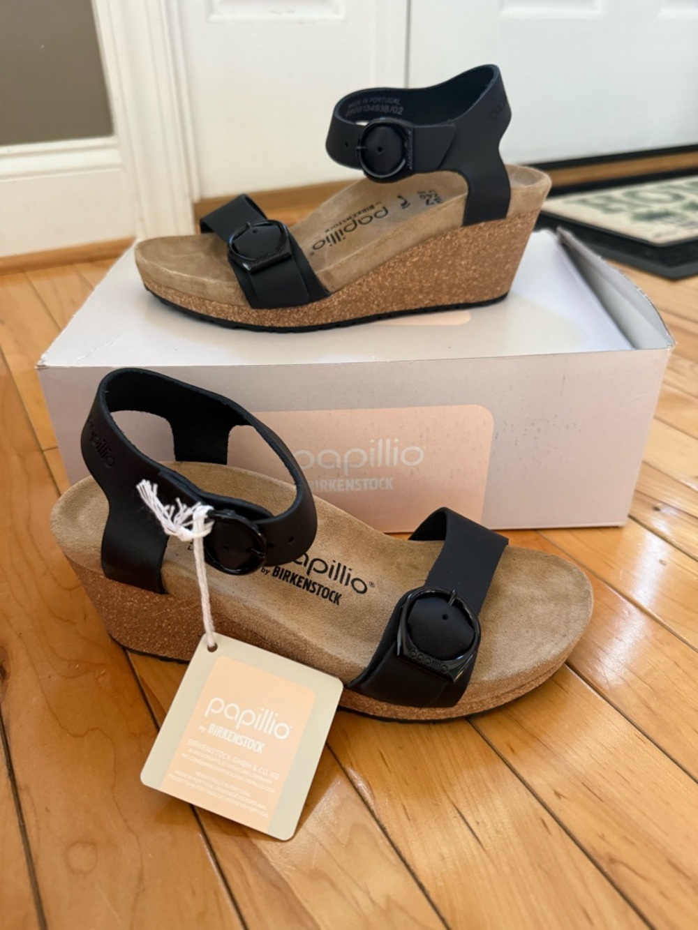 Papillo by Birkenstock Wedge Sandals Solley Ring Buckle Black New In Box EU37W6